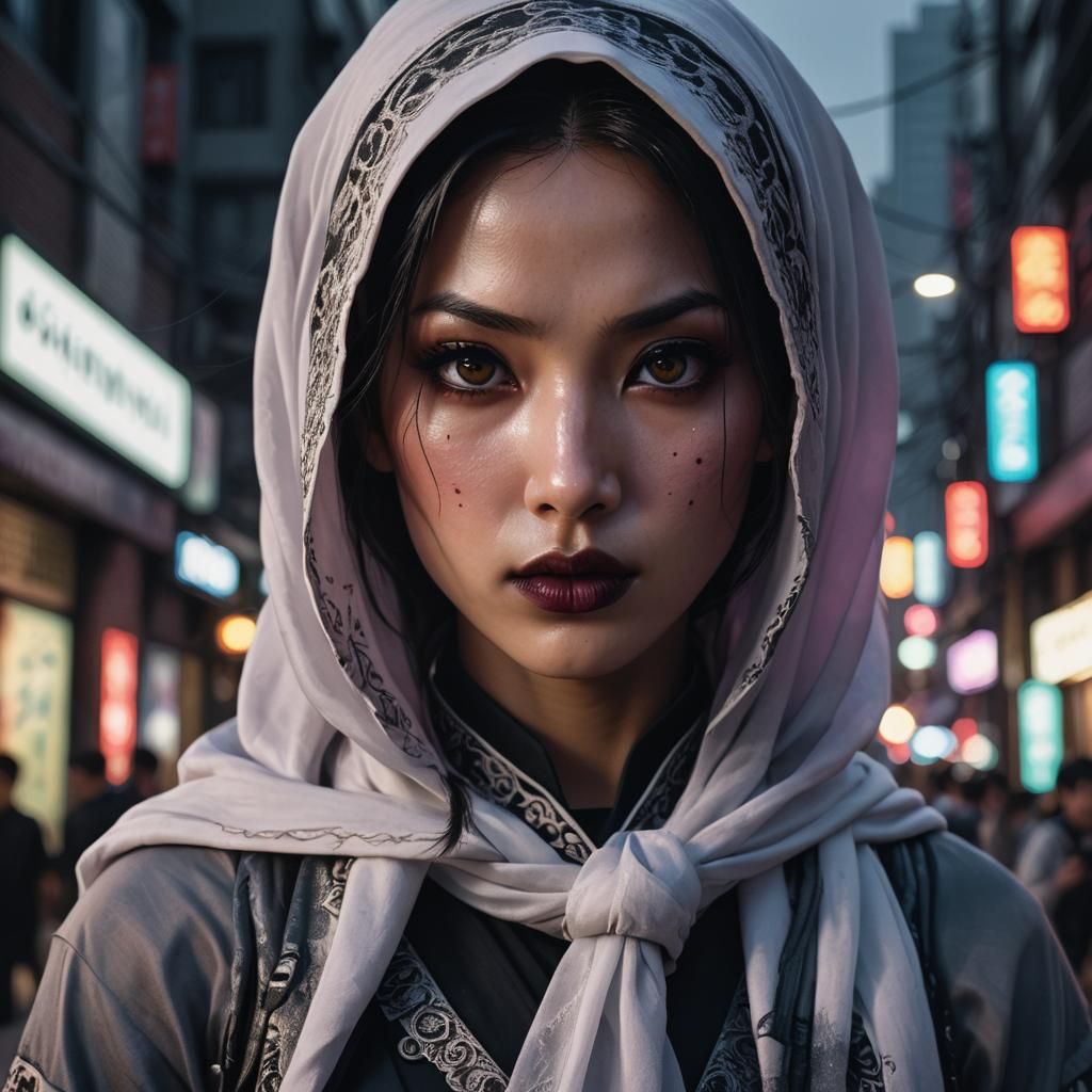 Gothic Anime Idol in Smoky Cityscape at Dusk