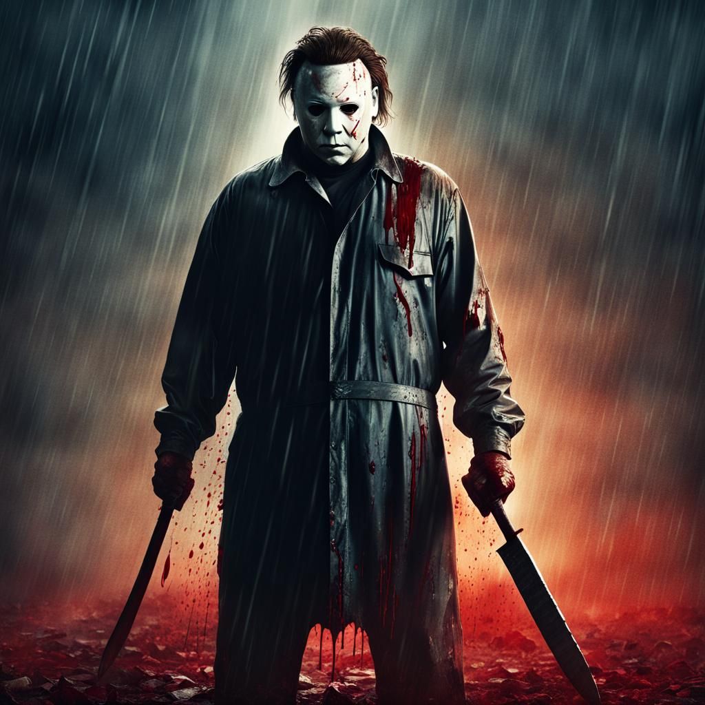 Michael Myers in Bloody, Rainy Halloween Scene