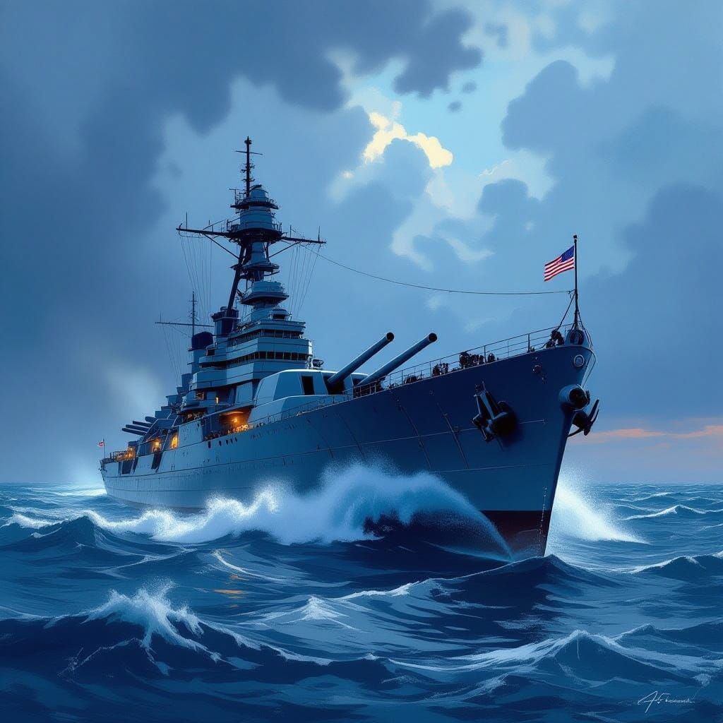 Majestic USS North Carolina Battleship in Stormy Seas