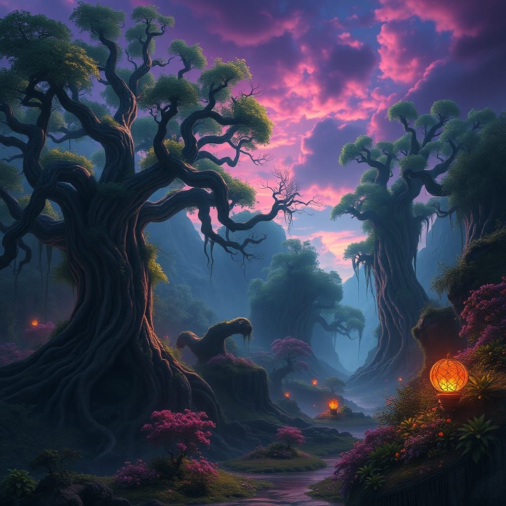 Dreamlike Realm with Glowing Flora, Fantasy Concept Art