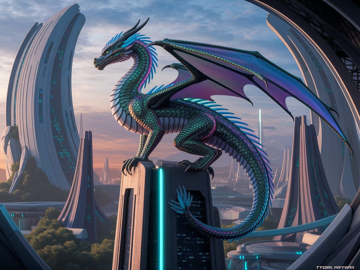 Bioluminescent Dragon in Futuristic Alien Metropolis