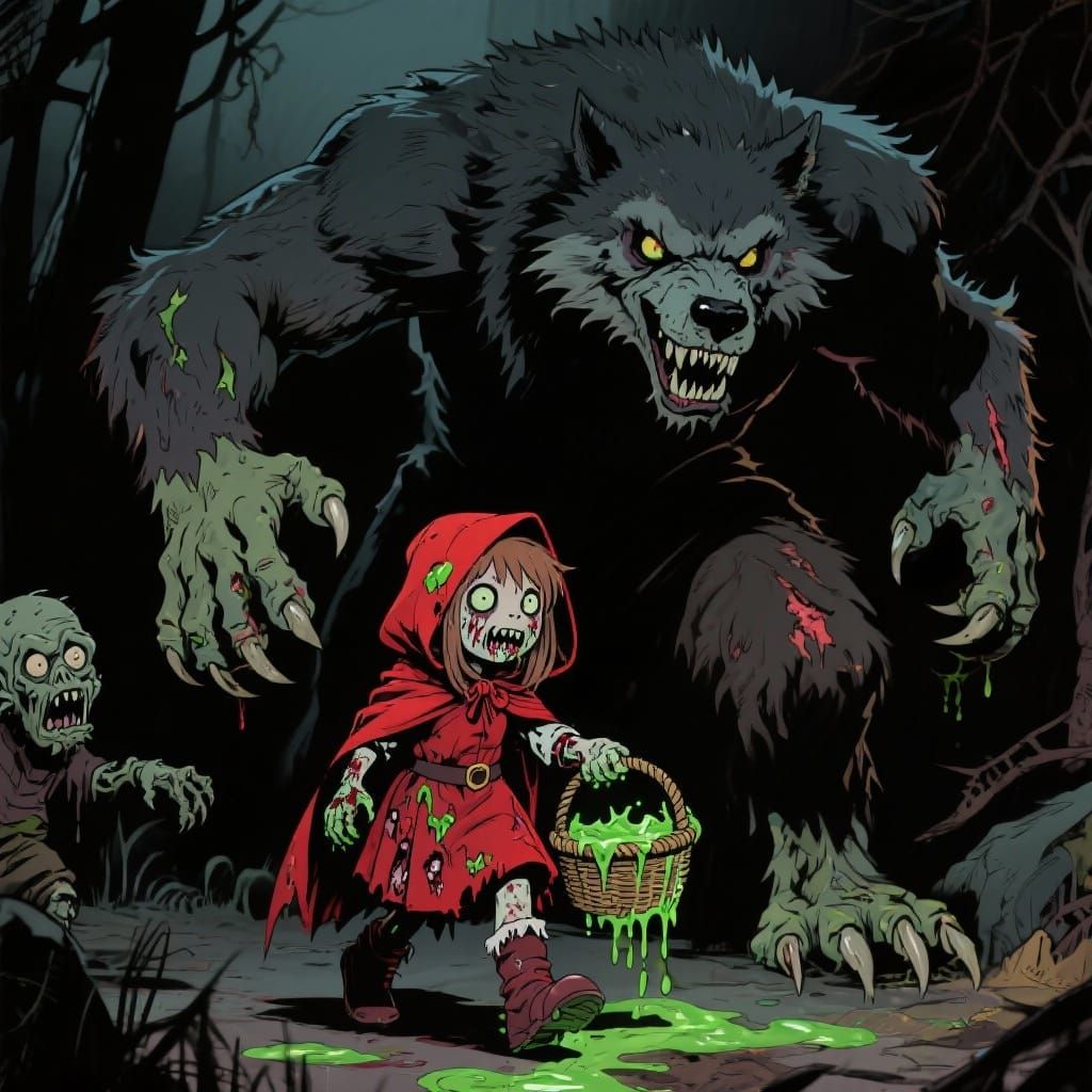 Zombie Red Riding Hood and Werewolf in Comic Style