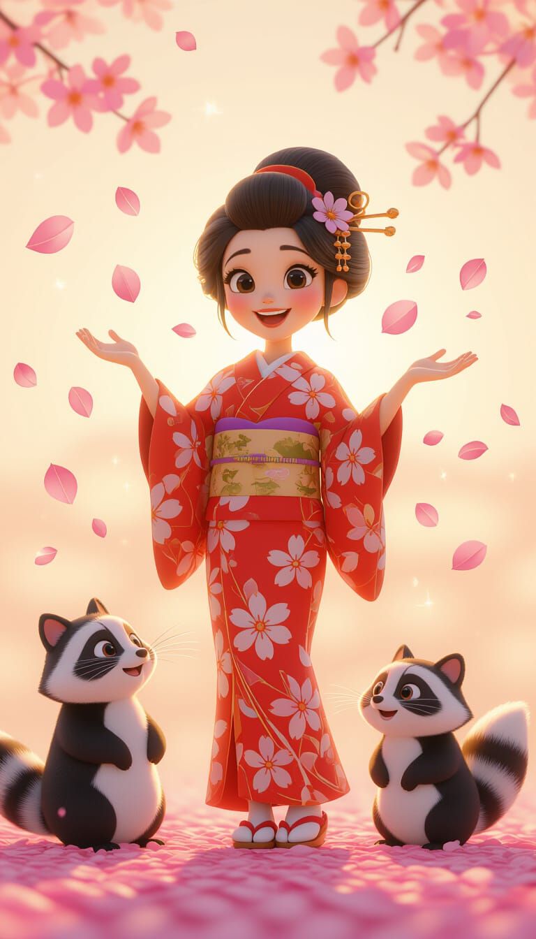 Pixar-Style Woman with Tanuki in Sakura Shower