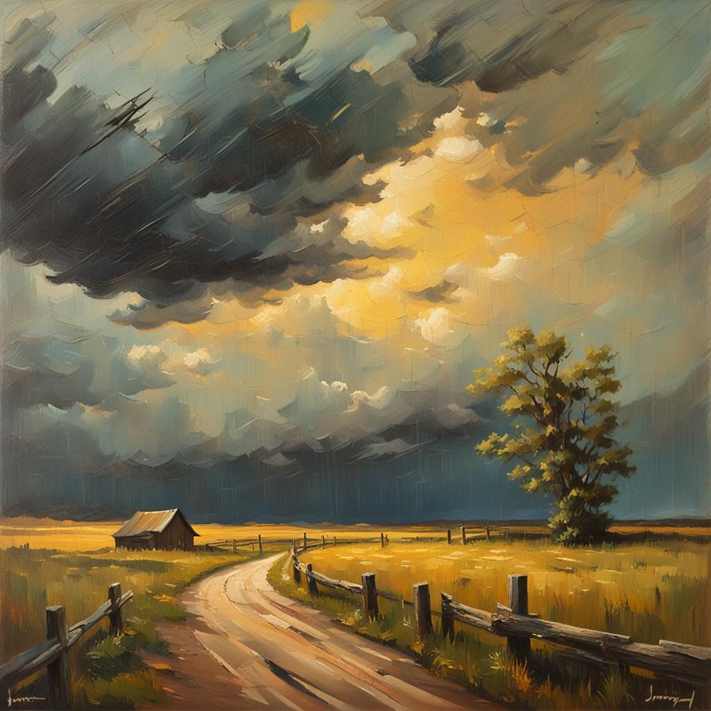 Weathered Sign in Stormy Landscape: Impressionist Oil Painti...