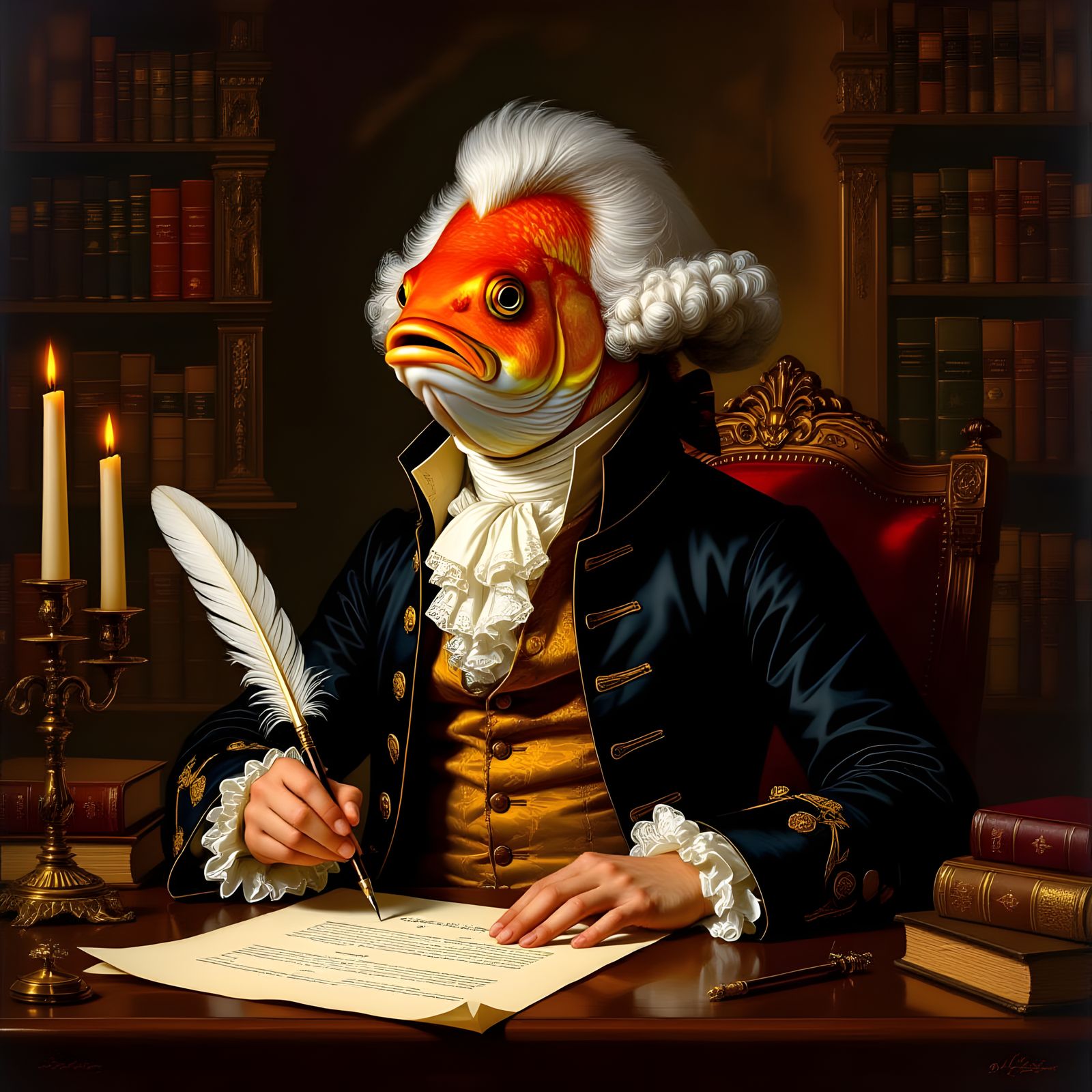 Fish Gentleman in Baroque Study with Quill Pen