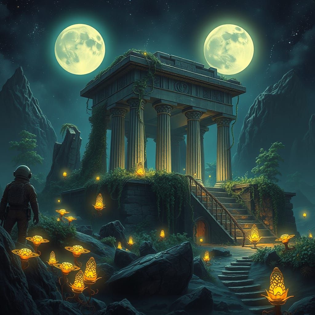 Astronaut and Ancient Temple on Distant Moon