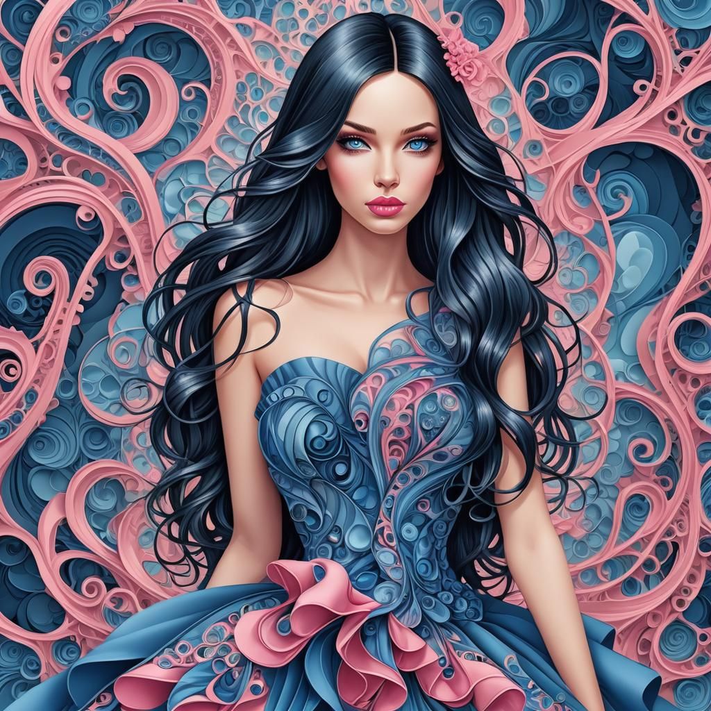 Girl in Blue Gown with Abstract Fractal Design