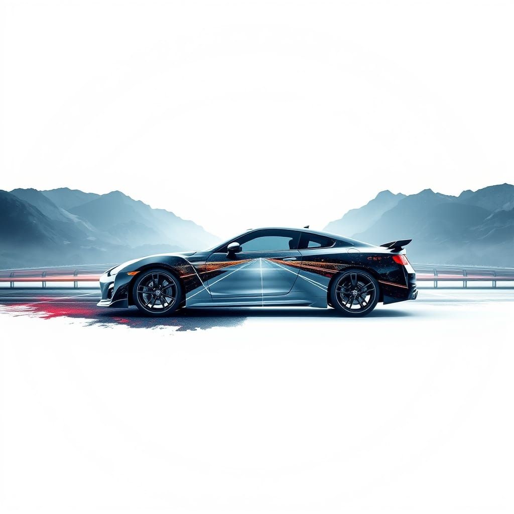 Double Exposure Car on Highway, Detailed Fantasy Concept Art