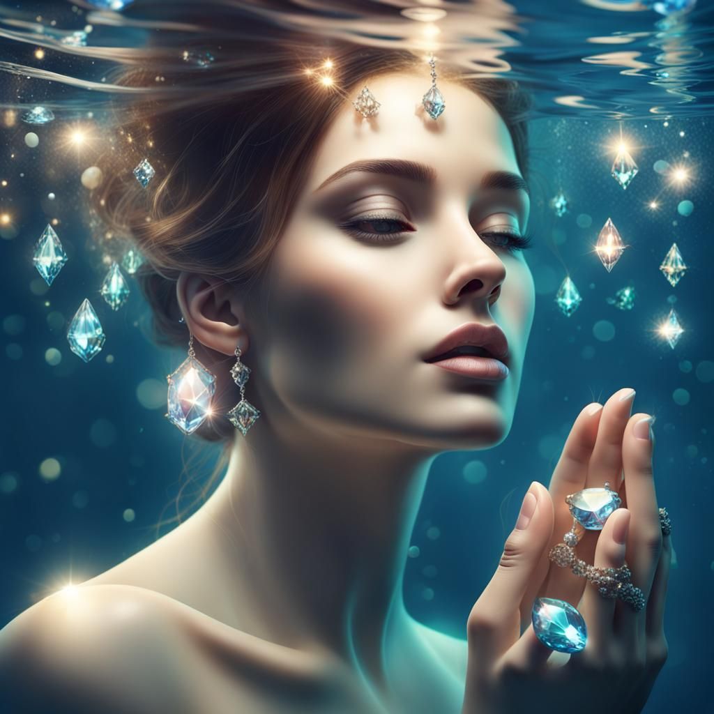 Woman Surrounded by Sparkling Jewels Underwater