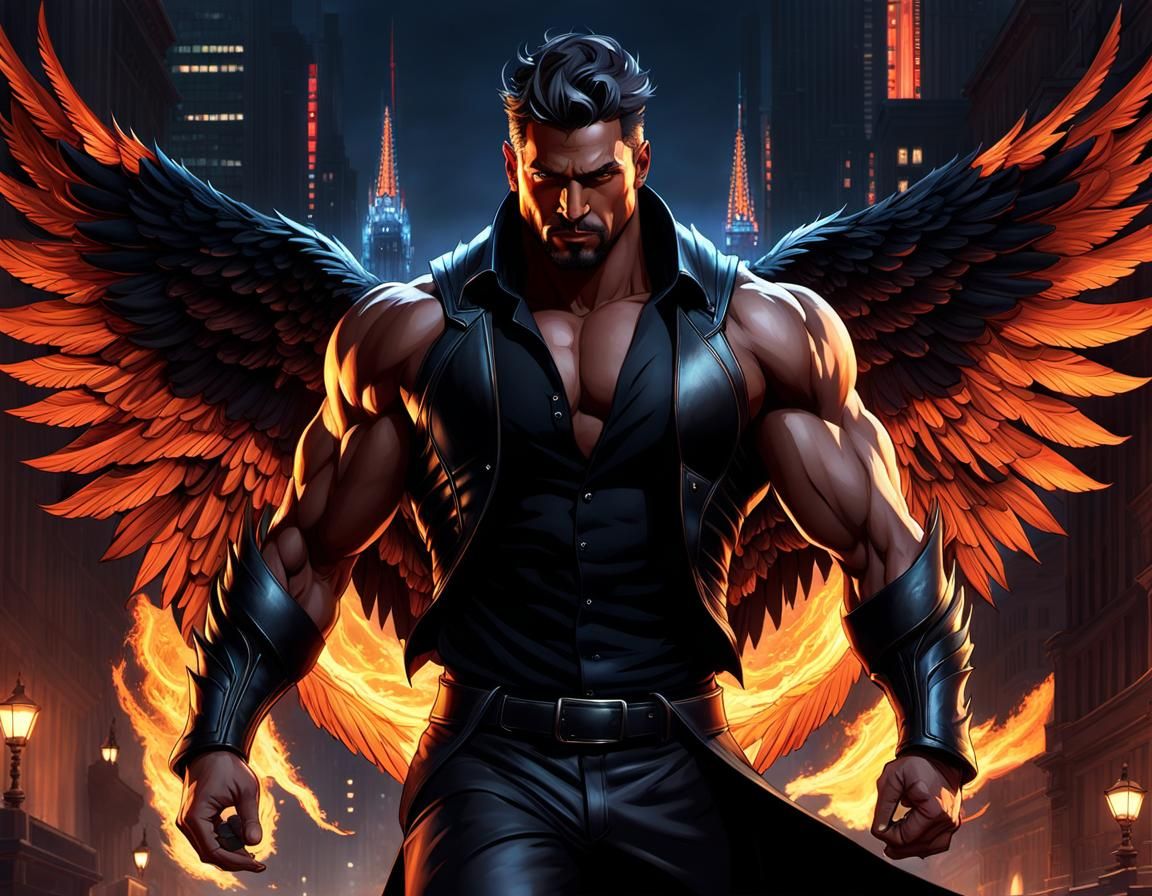 Winged Man in Cityscape: Hyperdetailed Art