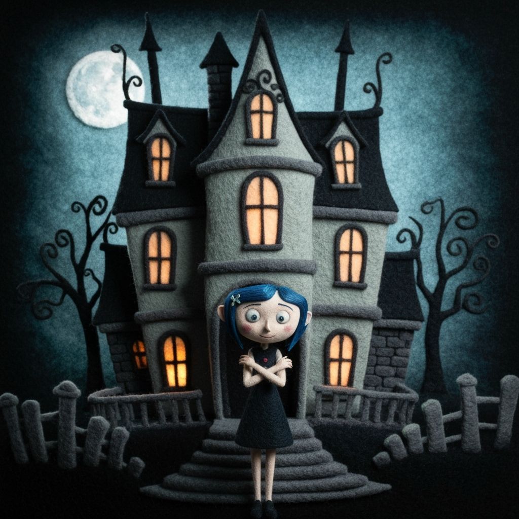 Eerie Felted Coraline Haunted Mansion in Moonlight