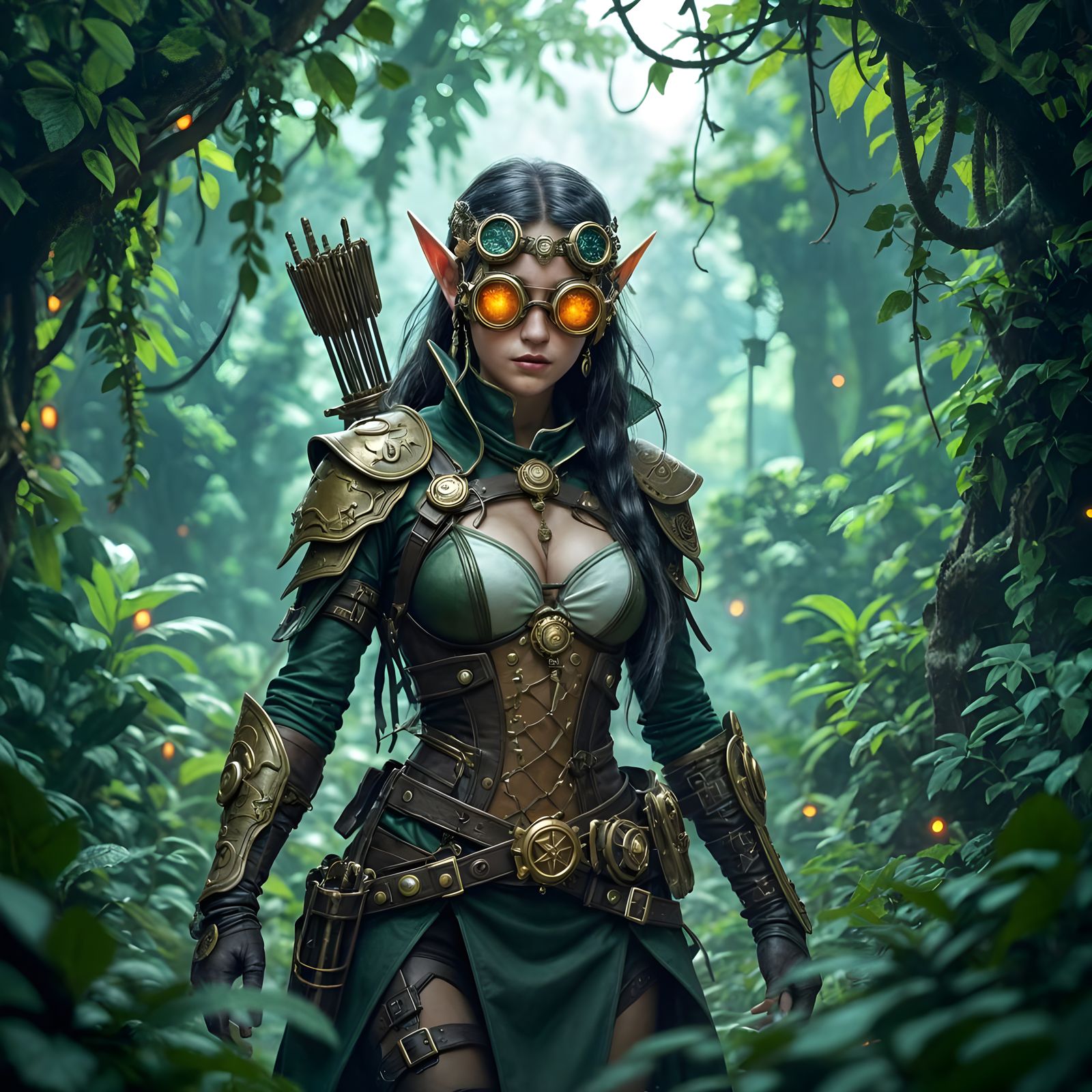 Elven Huntress in Steampunk Jungle Ruins