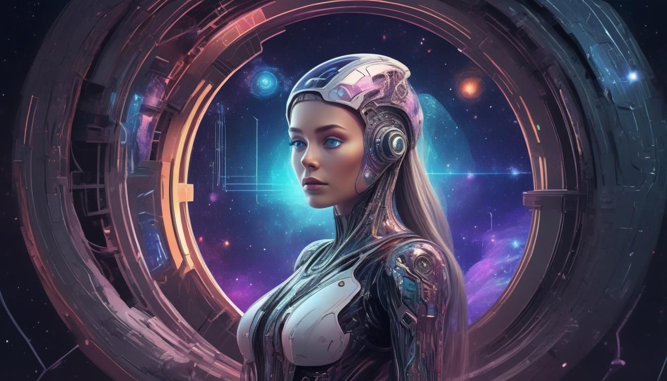 Android Woman in Laboratory with Cosmic Portal