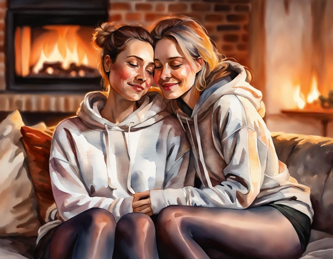 Watercolor of Lesbian Couple Embracing on Winter Day