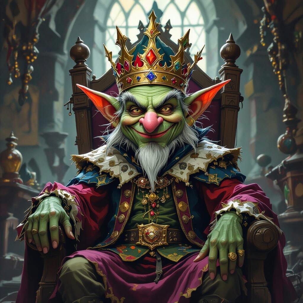 Mischievous Goblin King in Ornate Storybook Style