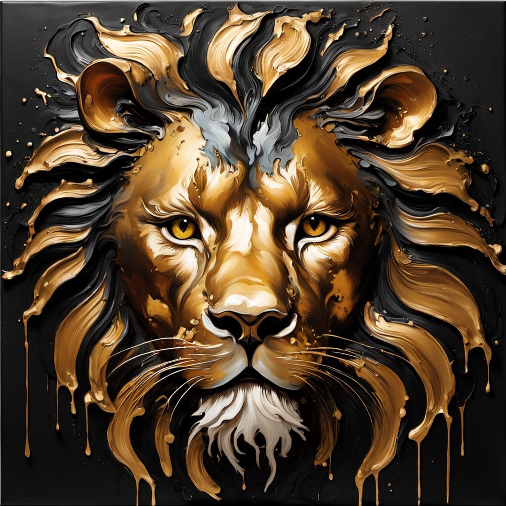 Regal Lion's Face in Gold Paint, Fine Art Painting