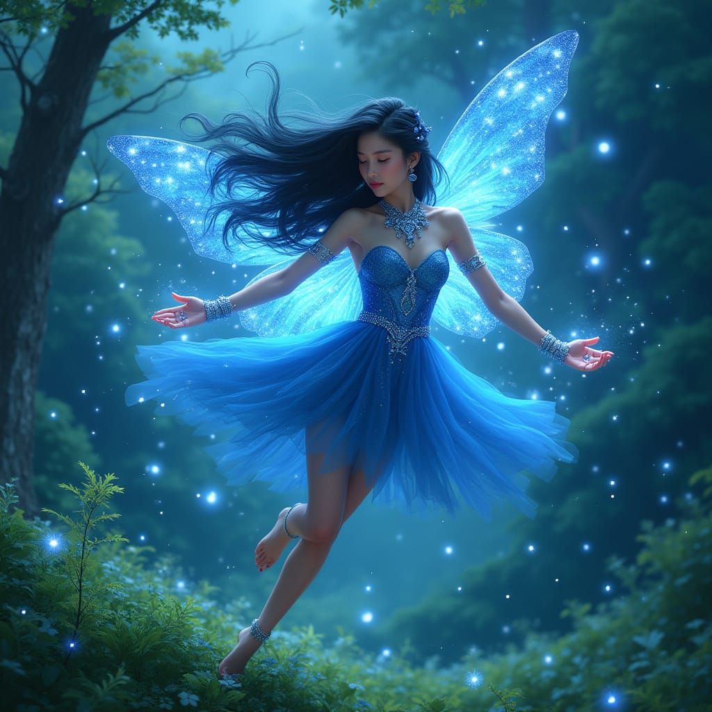 Celestial Asian Enchantress in Iridescent Blue and Emerald G...