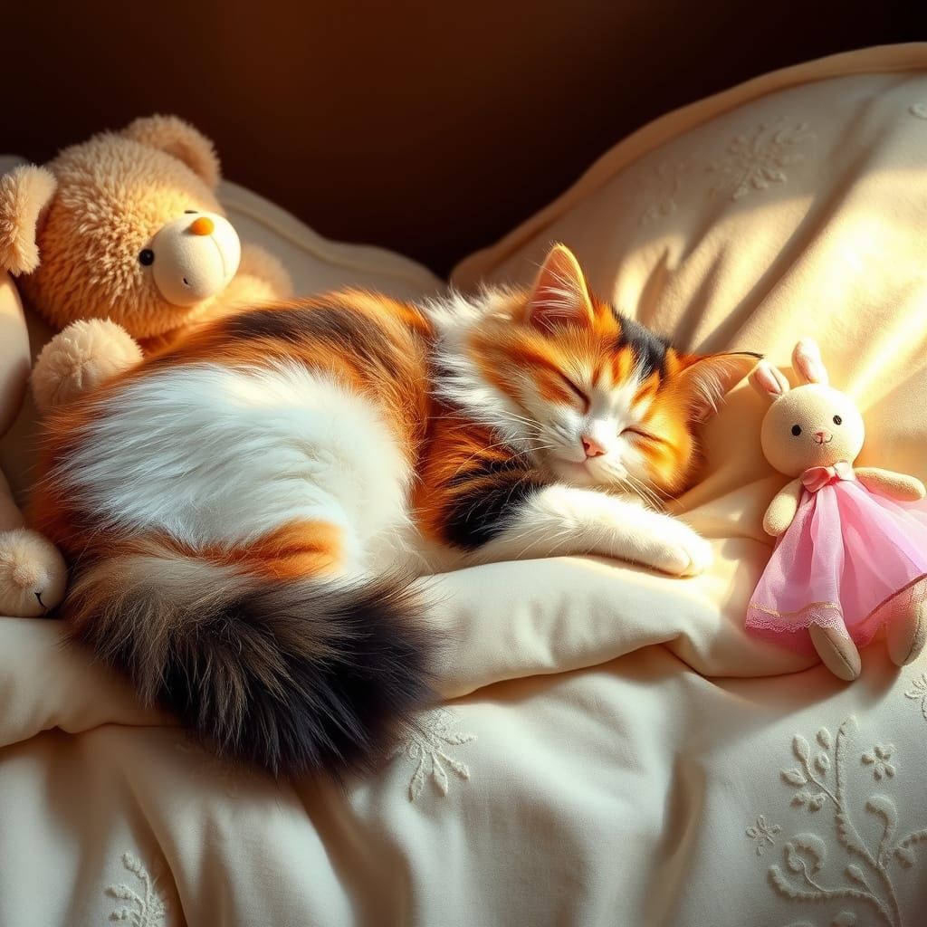 Peaceful Calico Cat in Whimsical Dream Scene