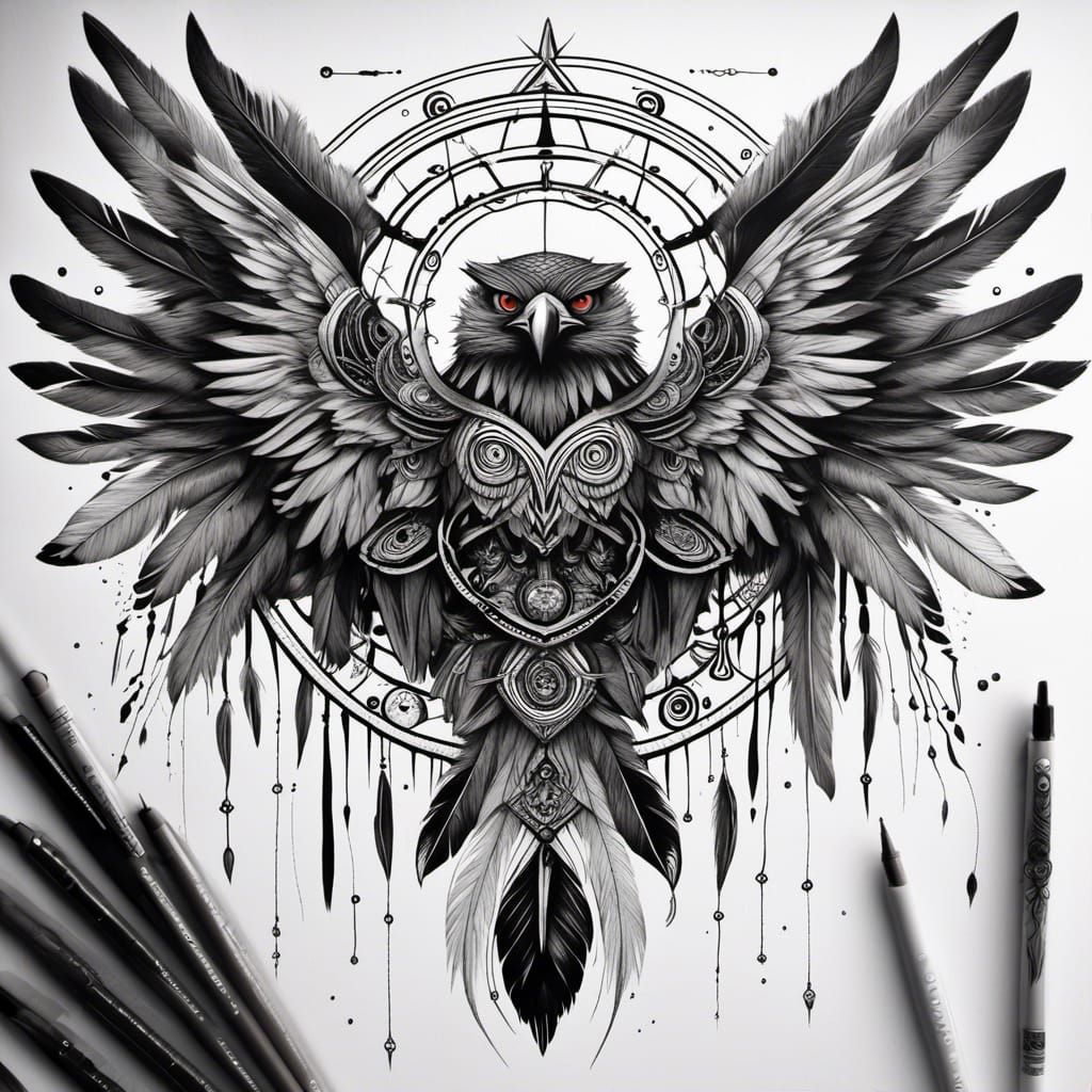 Geometric Thunderbird Dreamcatcher in Black and White