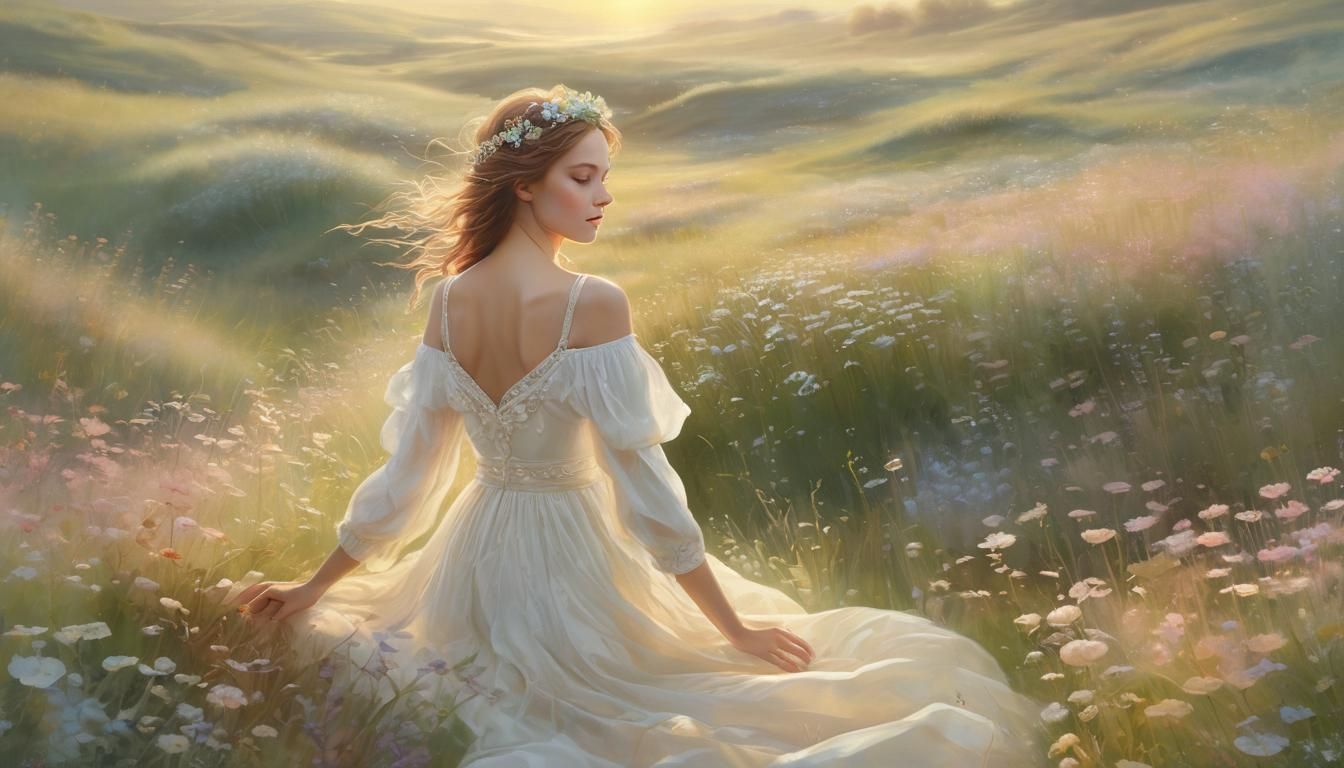 Dreamy Pastel Landscape with Woman in Meadow