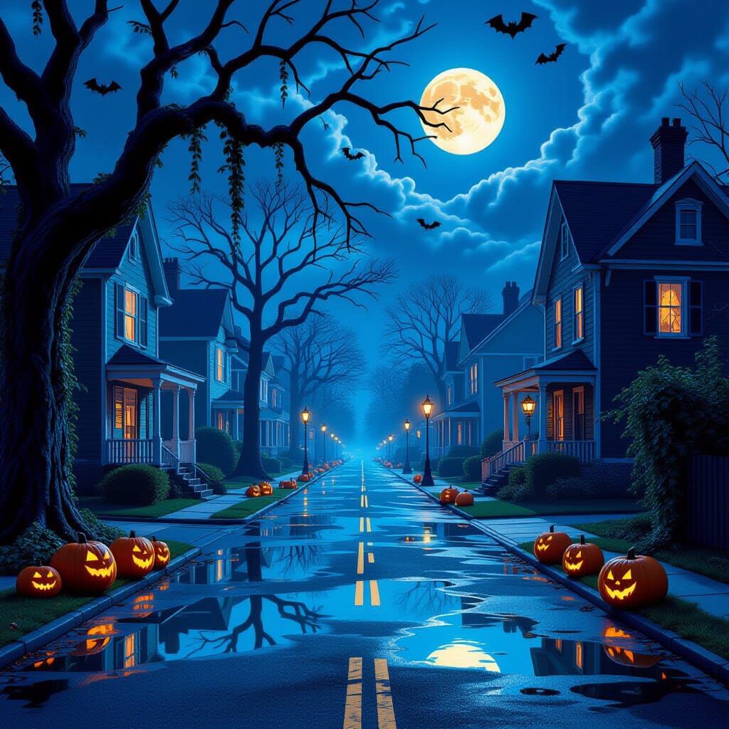 Halloween Night in a Gloomy Small Town Street with Puddles