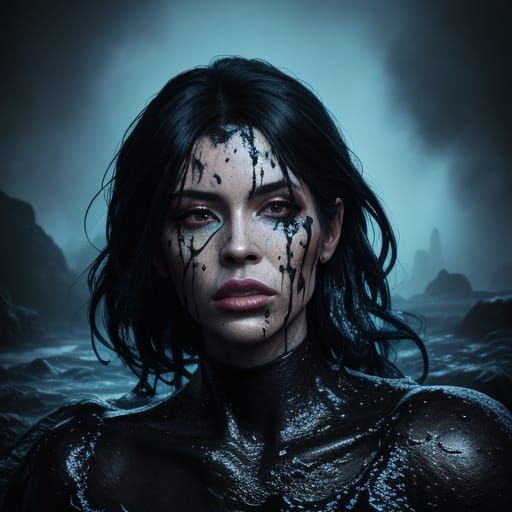 Black Goop in Rock City: Hyperrealistic Splash Art