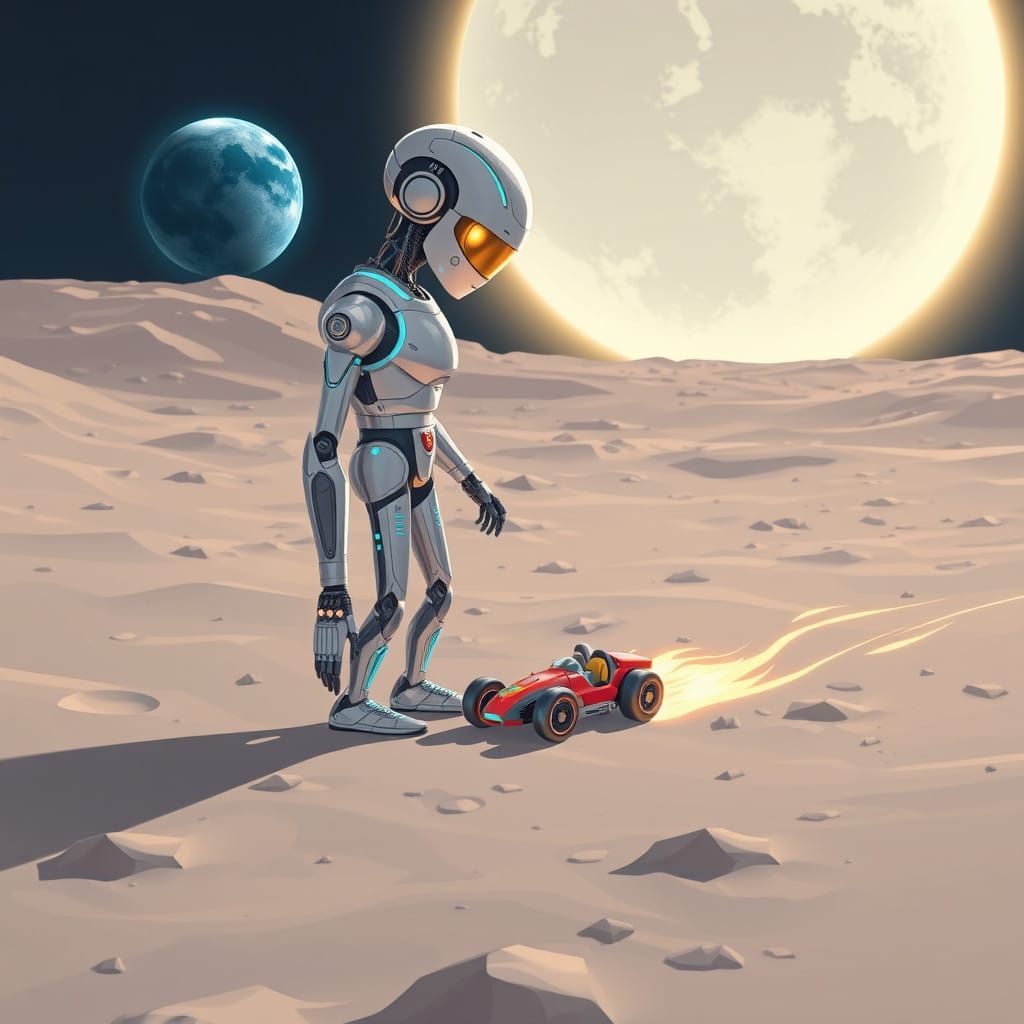 Futuristic Robot on the Moon in Neon-Lit Style