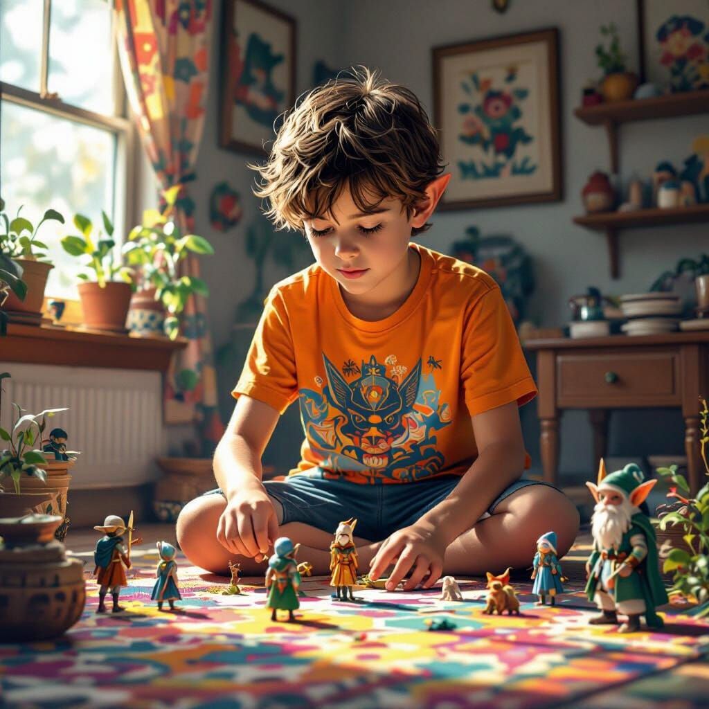 Boy Plays with Elven Figures in Decorated Room