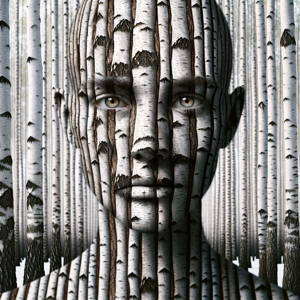 Surreal Fusion: Human and Birch Tree Portrait