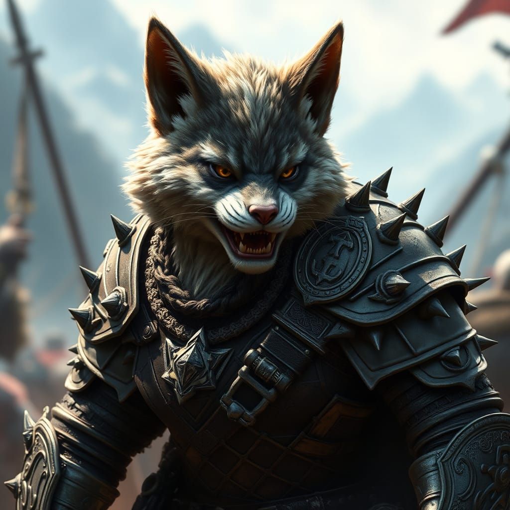 Armored Feline-Lupine Hybrid in Fantasy Battle