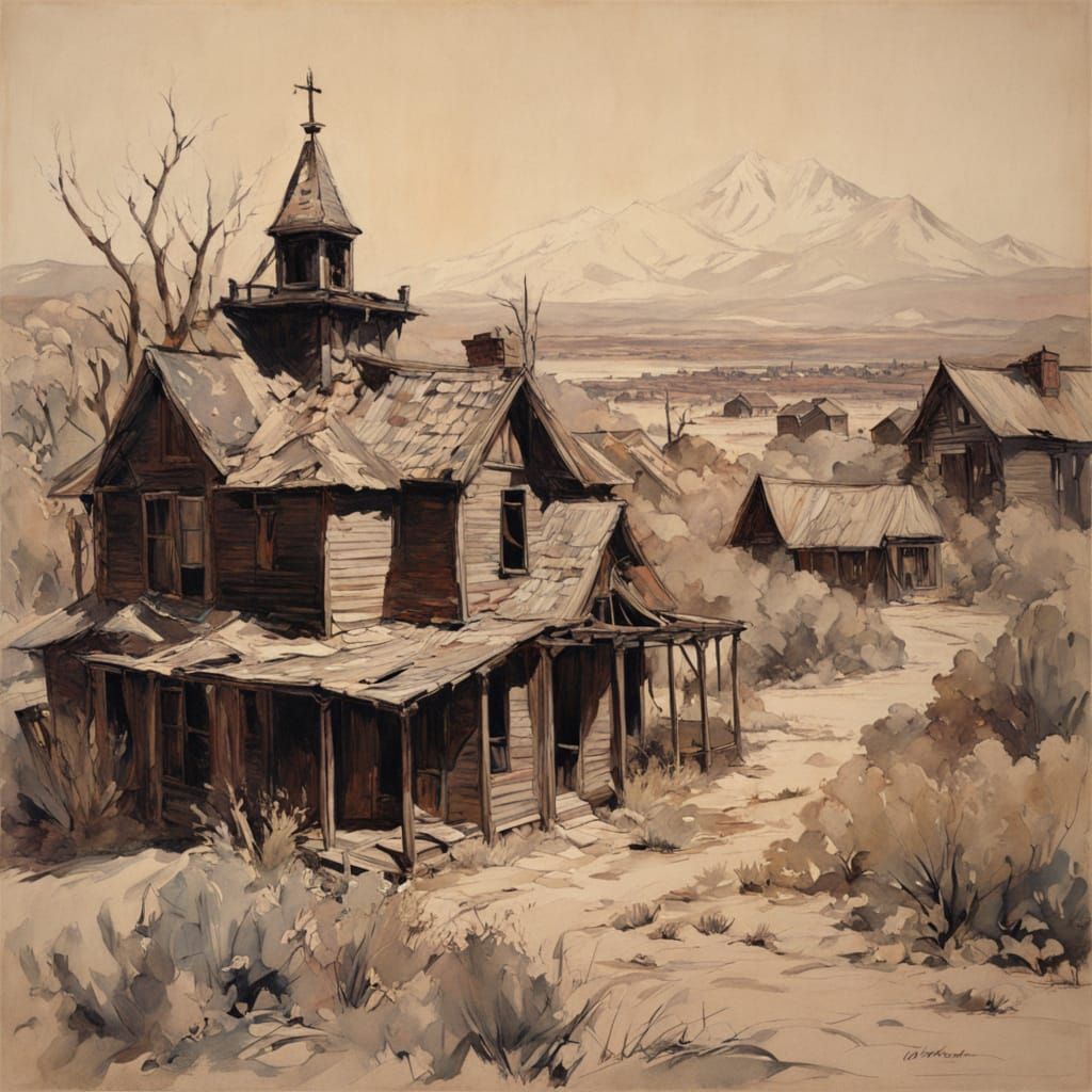 Abandoned Wild West City in Atmospheric Ink and Wash