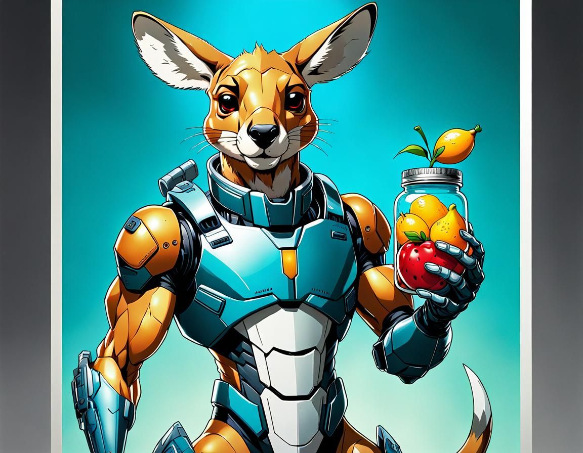 Cyborg kangaroo holds a fruit jar