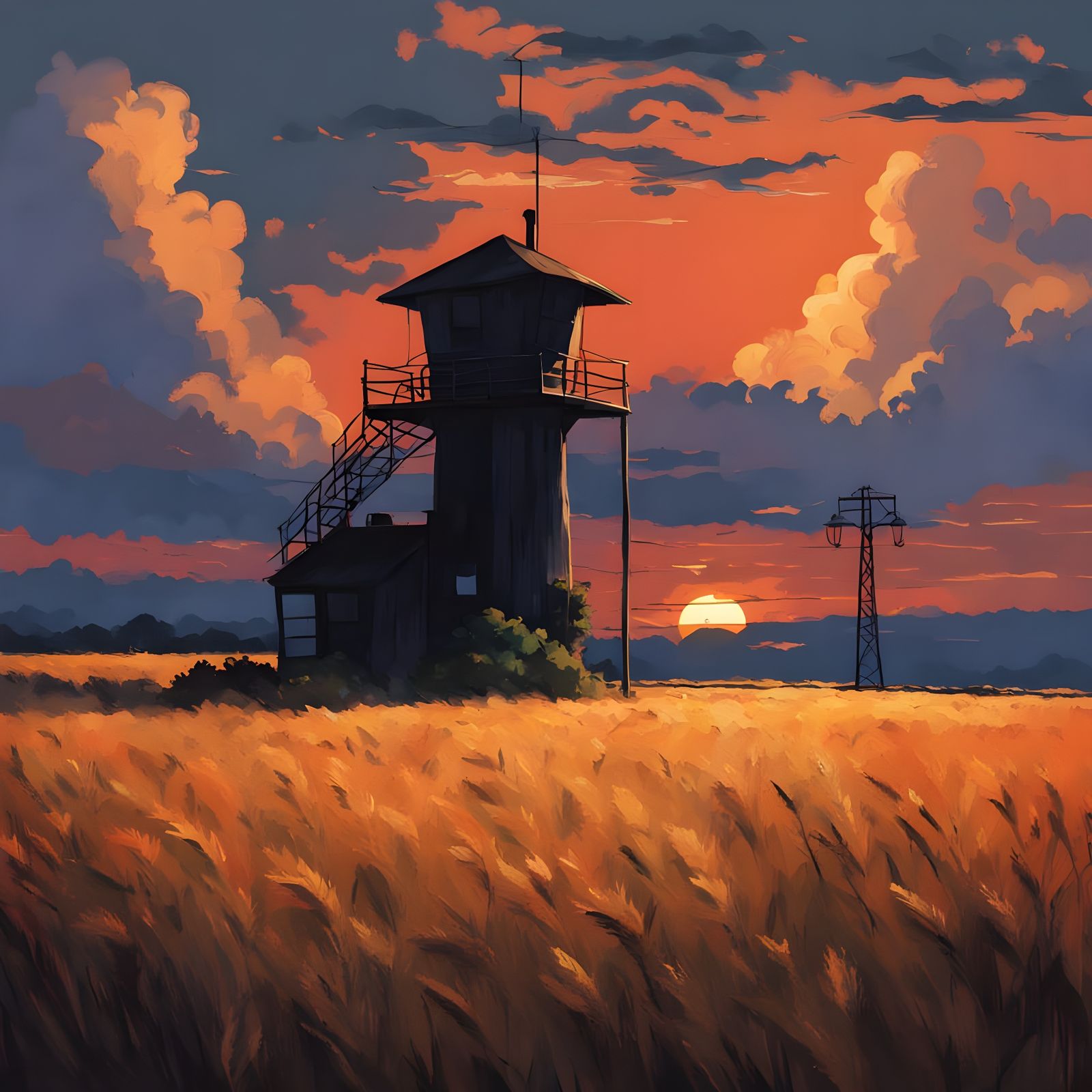 Anime-Style Watchtower in Golden Wheat Field Under Dramatic ...