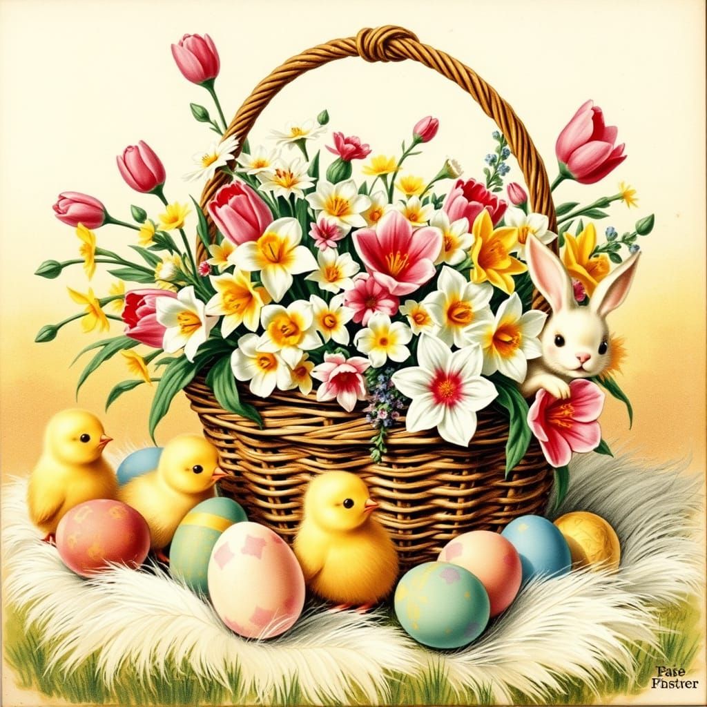 Victorian-Style Easter Scene with Whimsical Chicks and Eggs