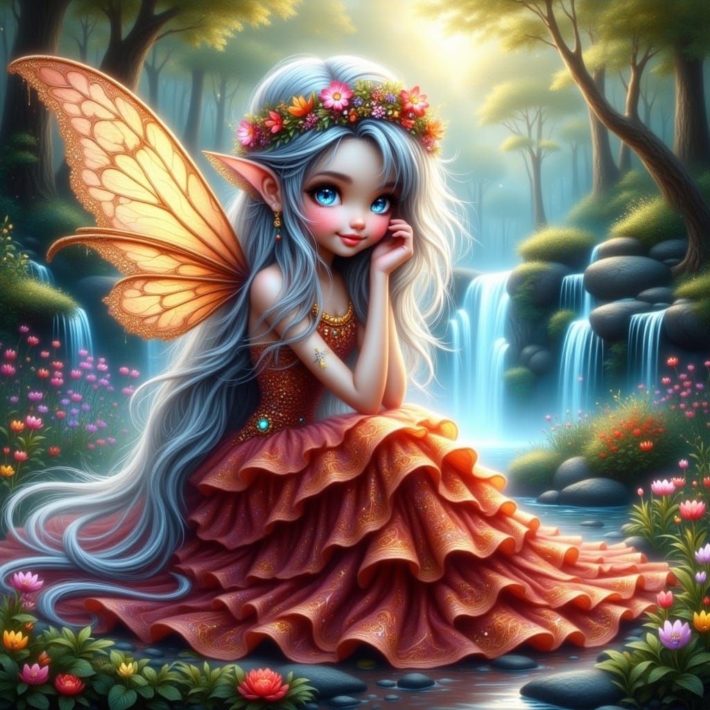 Mystical Forest Fairy with Silvery Blue Hair and Golden Ligh...
