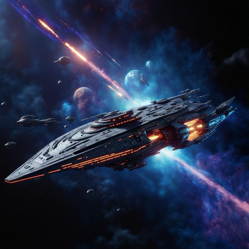 Starship Frigate Battles in Space, Hyper-Realistic Style