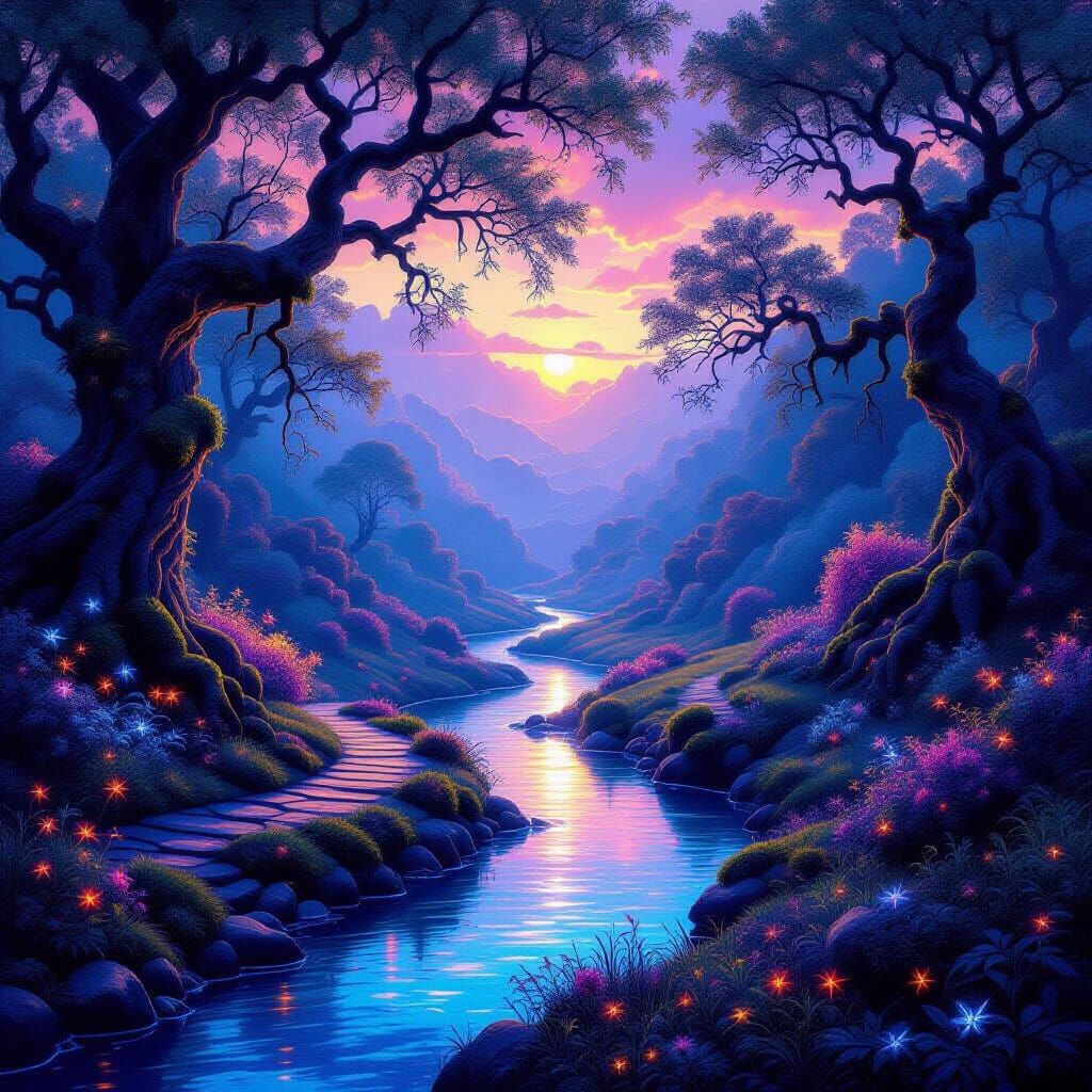 Ethereal Twilight Valley with Luminescent Flora