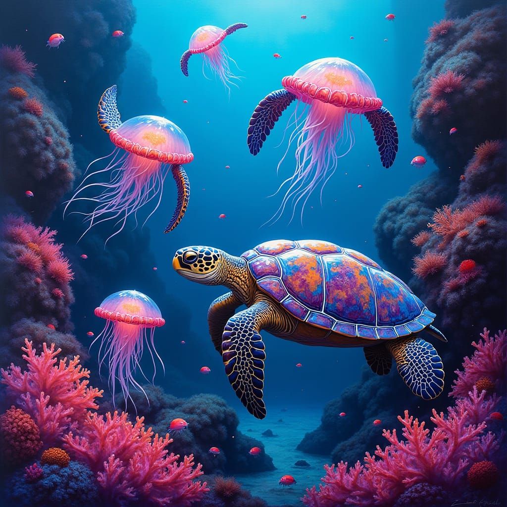 Fluorescent Sea Turtles and Jellyfish in Polychromatic Coral