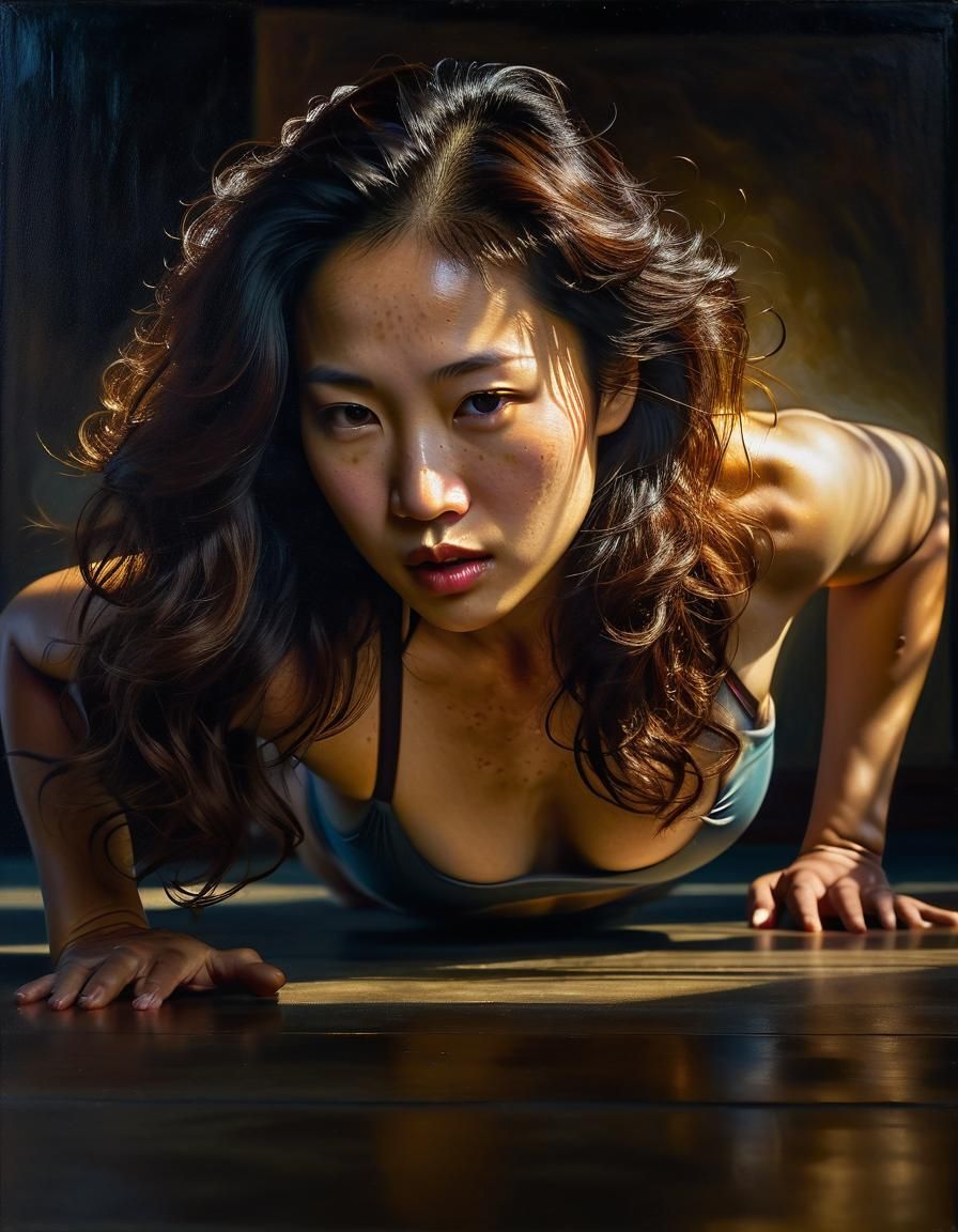 Korean Woman Doing Pushups as Baroque Oil Painting