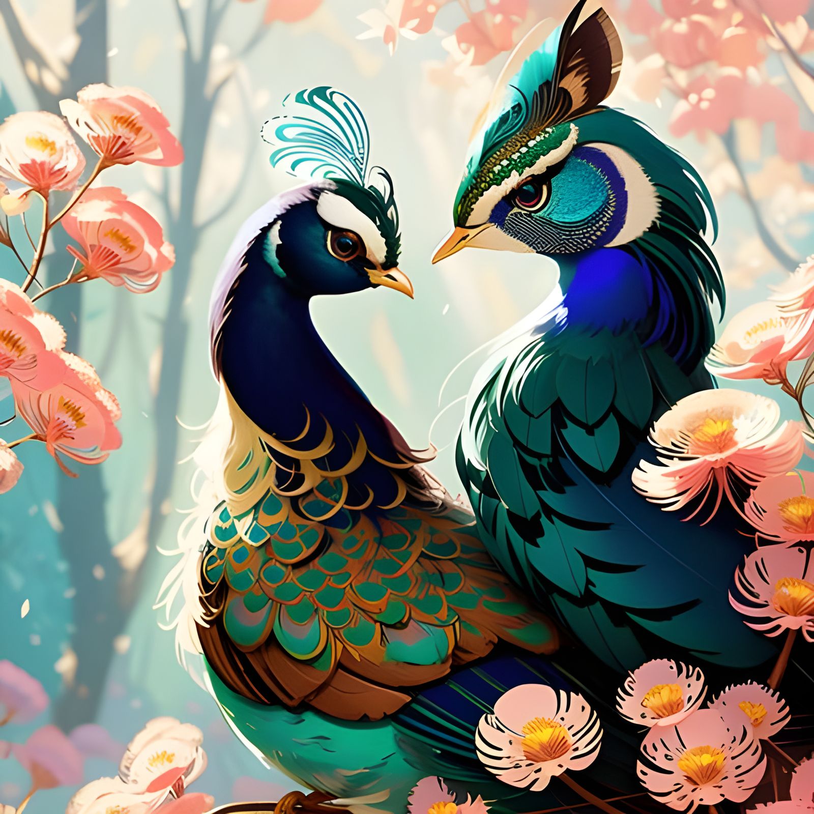 Vibrant Peacock Portrait in Chibi Style