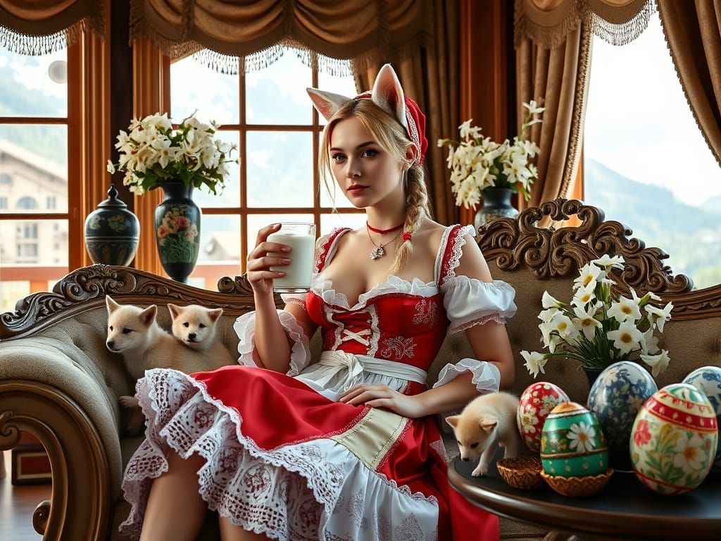 Woman in Dirndl with Wolf Cubs and Swiss Alps