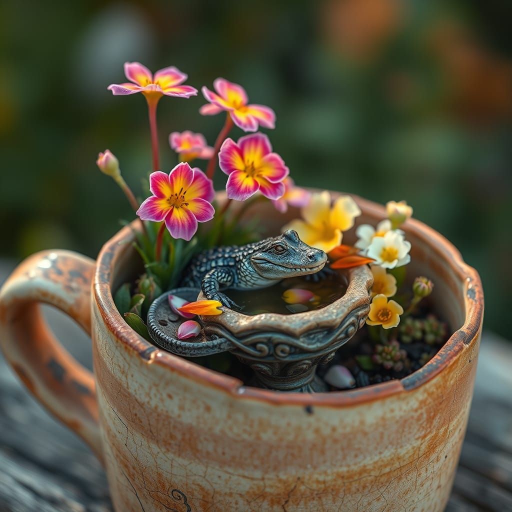 Miniature Garden in a Worn Ceramic Mug, in Hyper-Realistic O...