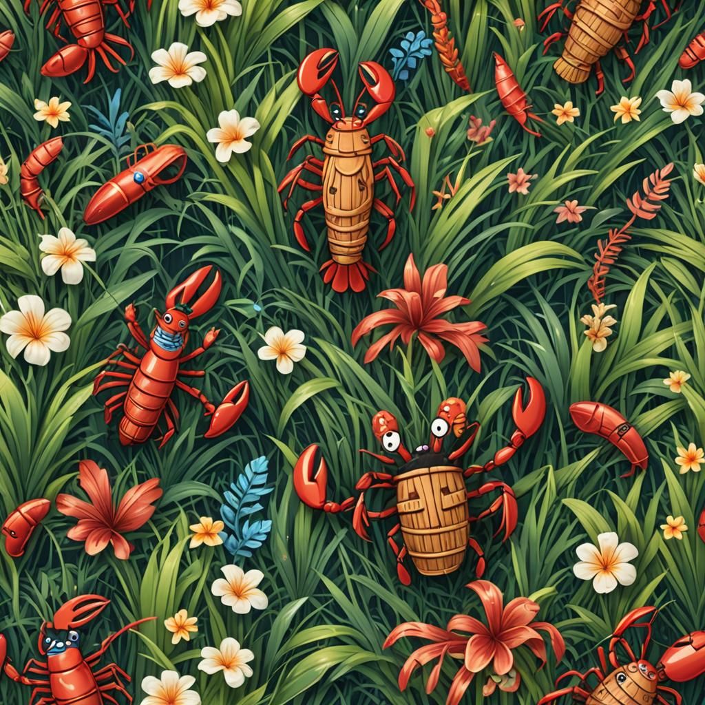 Vibrant Cartoon Lobster in Tropical Fantasy Scene