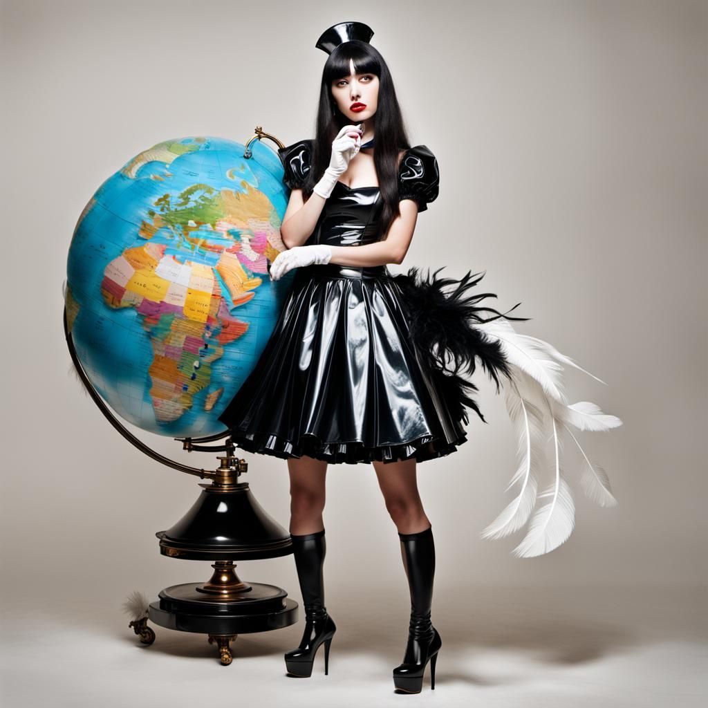Woman in Latex Maid Dress Dusting Globe
