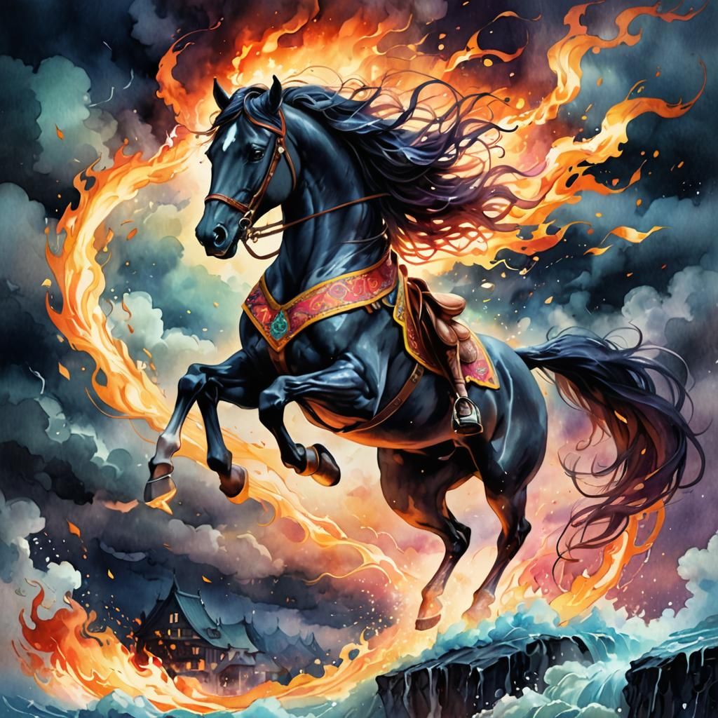 Flaming Horse Rides Flying Carpet: Watercolor Art