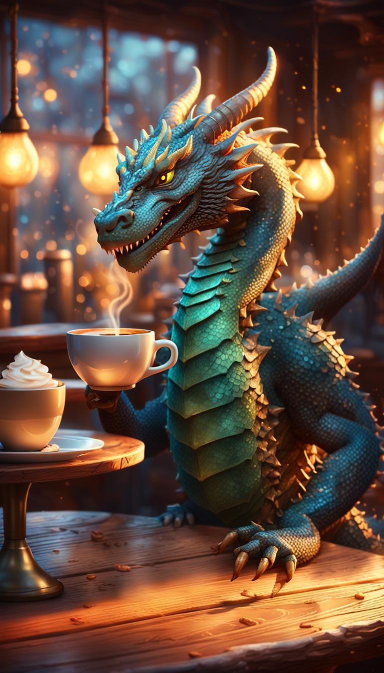 Dragon Sipping Coffee in Cozy Cafe: Digital Art