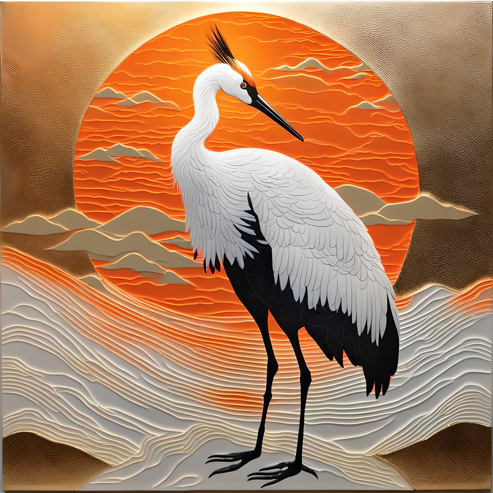 Japanese Crane Portrait with Neon Accents as Oil Painting