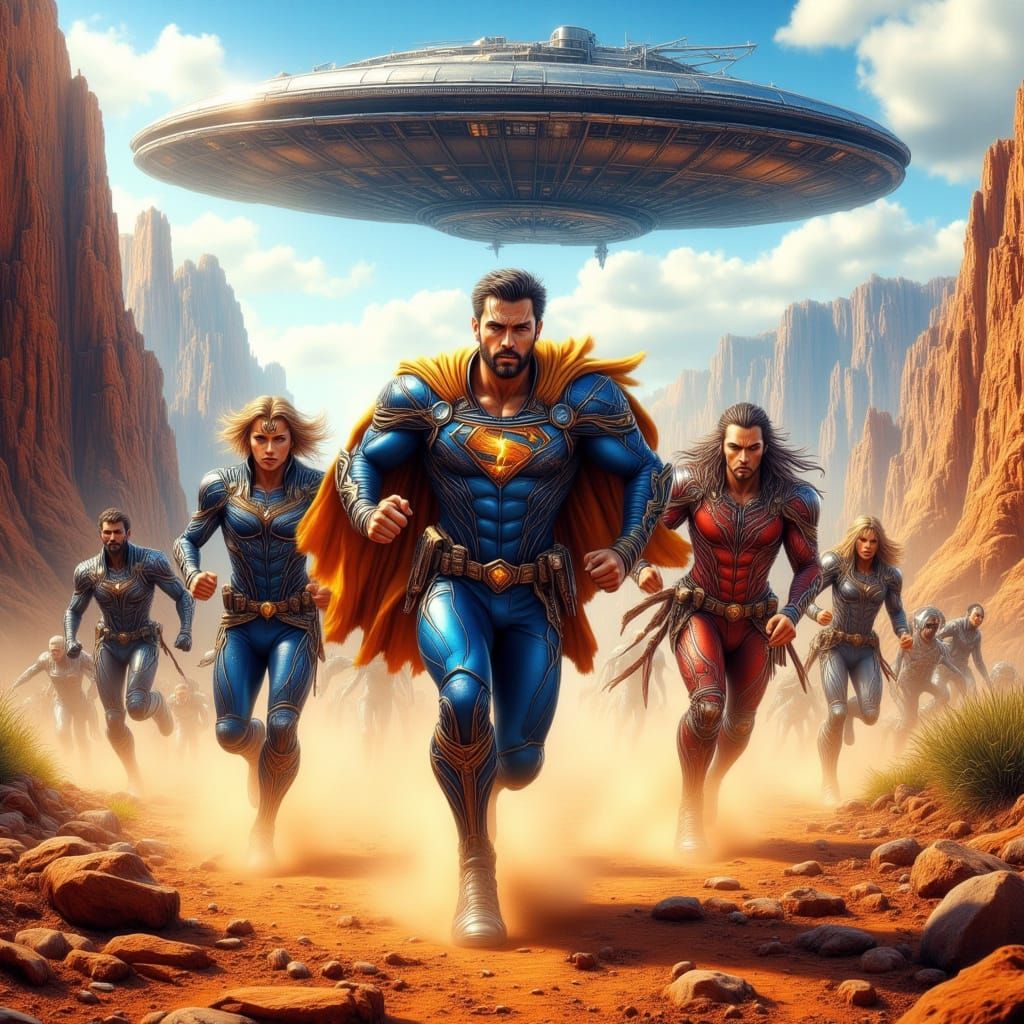 Desert Superhero Team Charge Under Alien Mothership