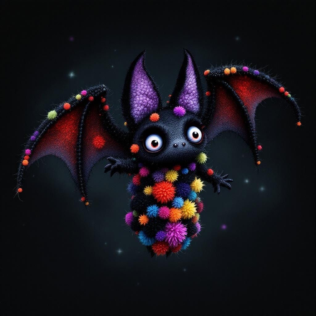 Whimsical Gothic Baby Bat Made of Pom Poms