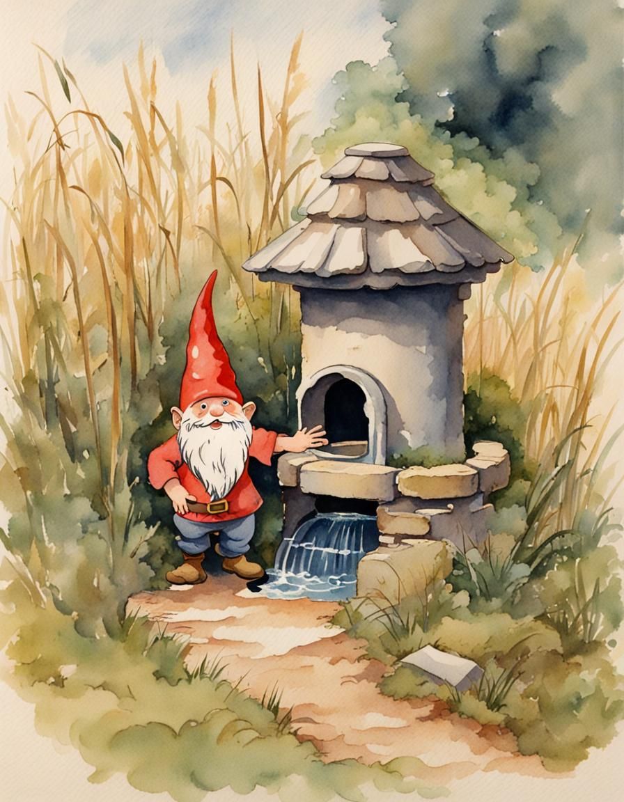 1970s Watercolor Gnome by an Old Well